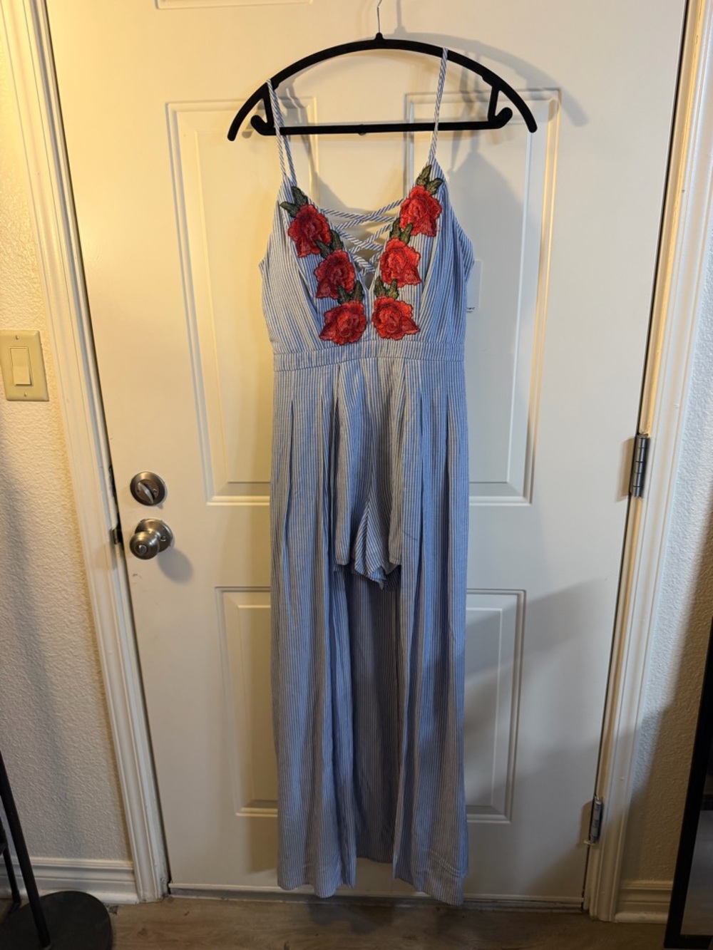 Midnight Doll Blue Stripe Floral Embroidered Romper Maxi Dress Size 7